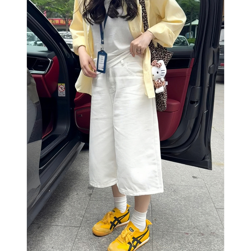 White Cropped Pants for Women, Summer Thin Style, 2026 New Model, Plus Size, Loose Fit, High-Waisted, Slimming Jeans, Wide-Leg Mid-Length Pants