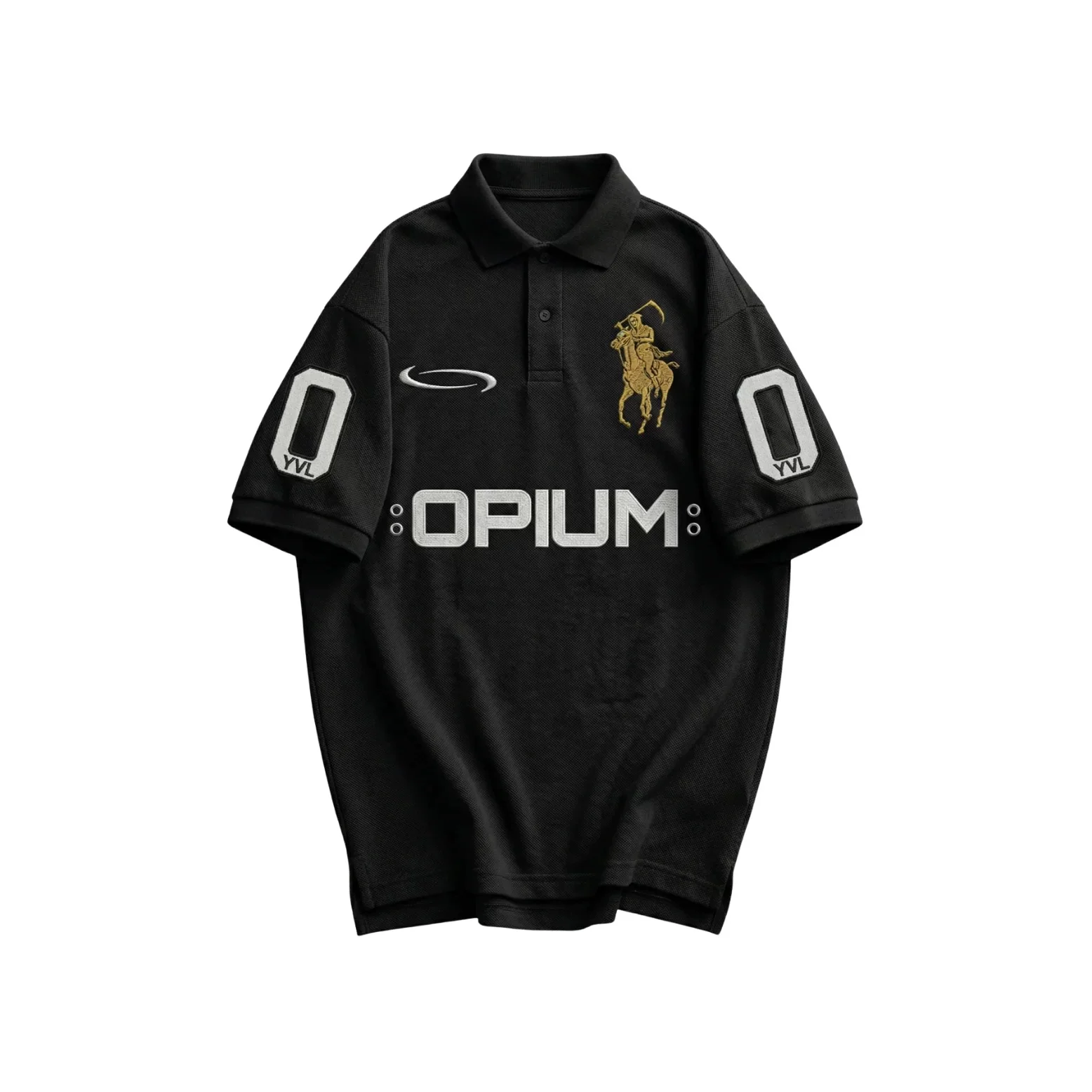 OPIUM 00 OVERSIZED POLO война лошадь вышитая перфорированная стиль YVL лацканы короткие рукава
