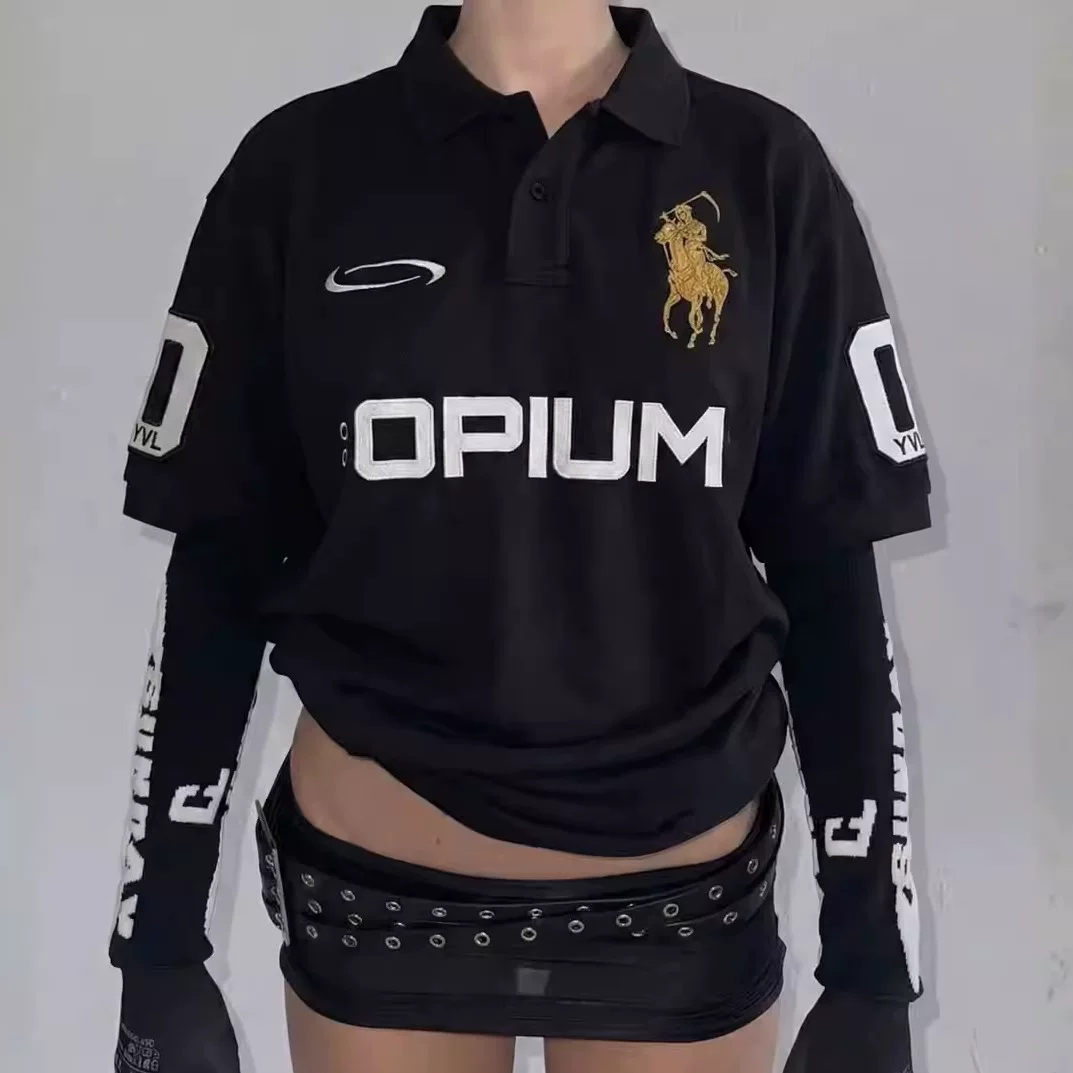 OPIUM 00 OVERSIZED POLO война лошадь вышитая перфорированная стиль YVL лацканы короткие рукава