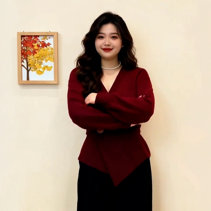 Plus-Size Vintage Burgundy Cinched Waist V-Neck Sweater Base Layer 2025 Autumn and Winter Stunning Christmas Red Knit Top