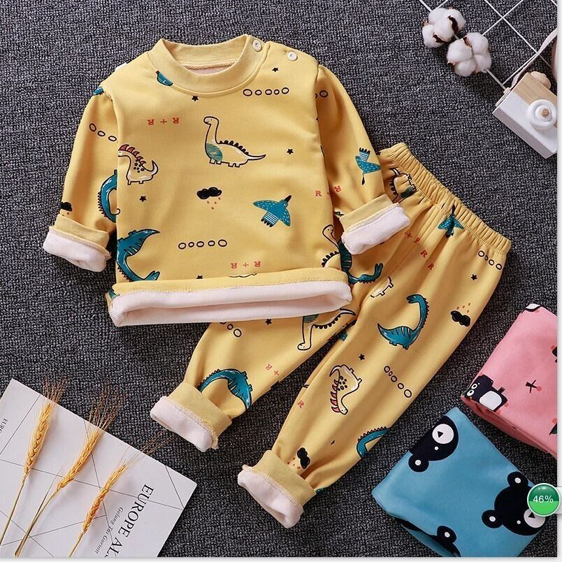Baby plus velvet padded warm 0-7 years old autumn and winter children's thermal underwear set boys and girls home clothing set