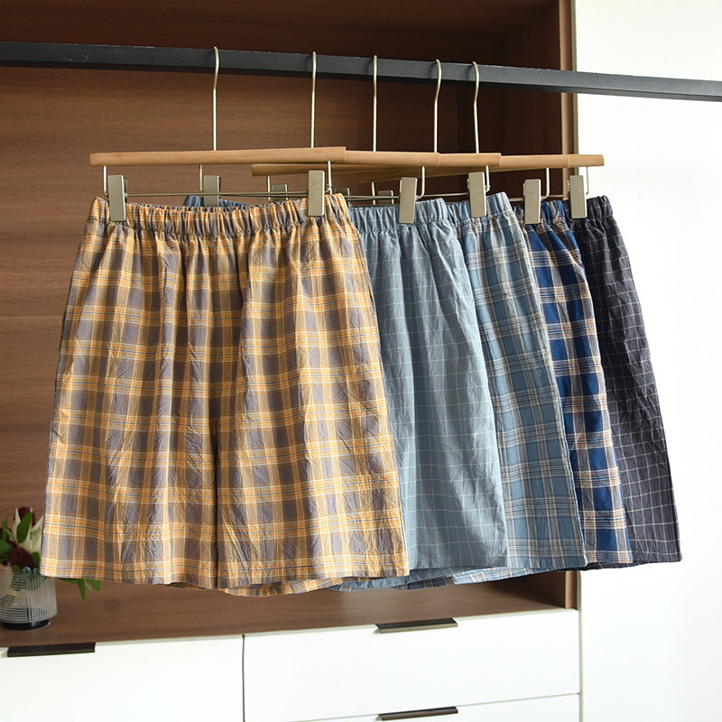 Japanese Quality Summer Men's Pure Cotton Elastic Waist Home Shorts Japanese Style Plaid Thin Casual Sleep Shorts with Pockets