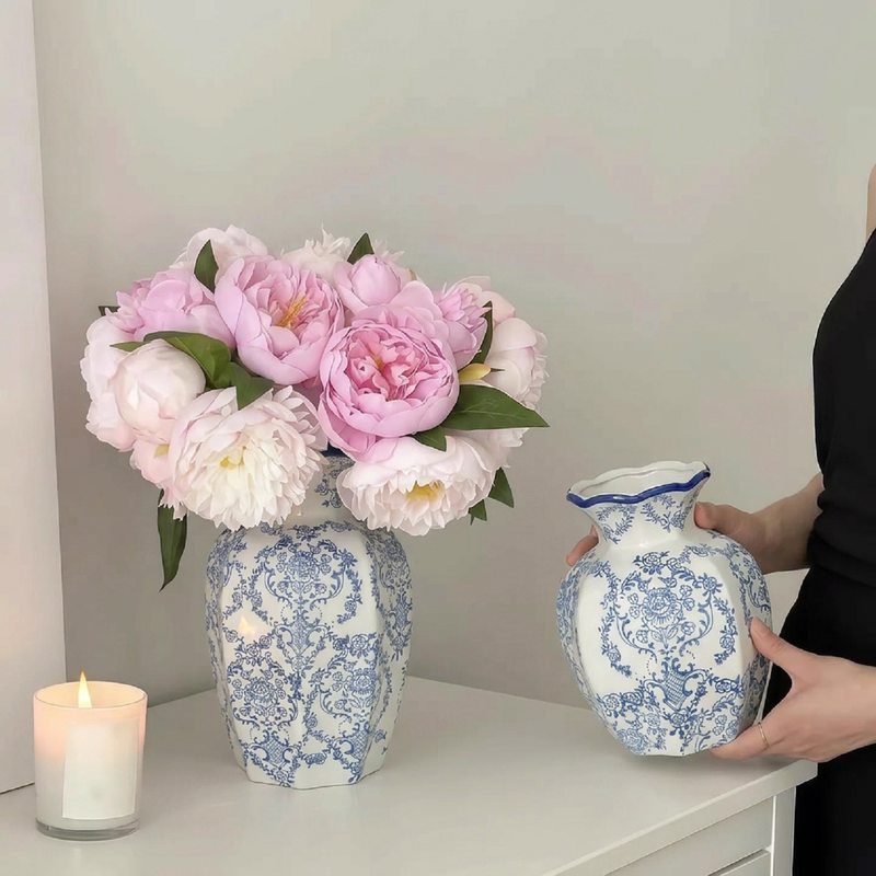 New Chinese-Style Retro Blue and White Ceramic Vase for Fresh Flowers, Flower Arrangement Vessel, Living Room Entrance Decoration, High-End Feel