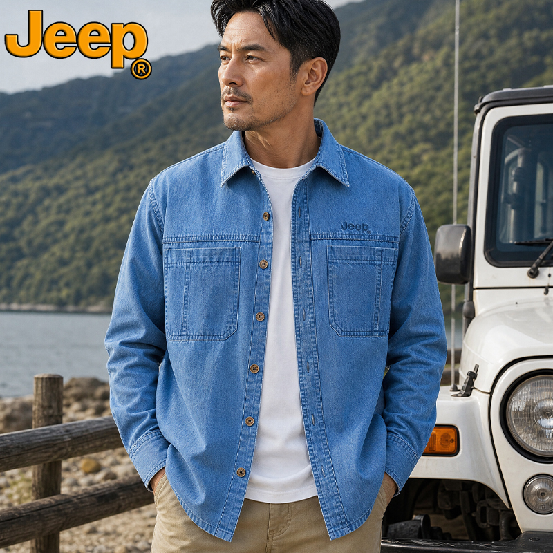 Jeep Official Authentic Spring New Pure Cotton Washed Denim Shirt Casual Fashion American Style Long-Sleeved Shirt