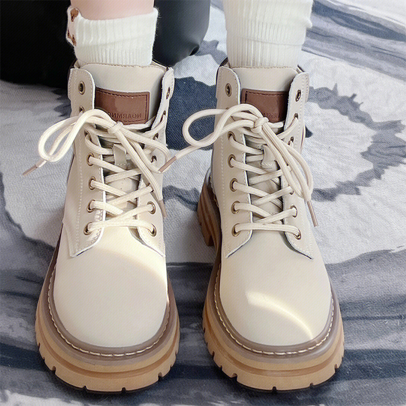 Leather rhubarb boots men's and women's 2022 new thick-soled inner heightened summer and autumn white Martin boots net red popular trend