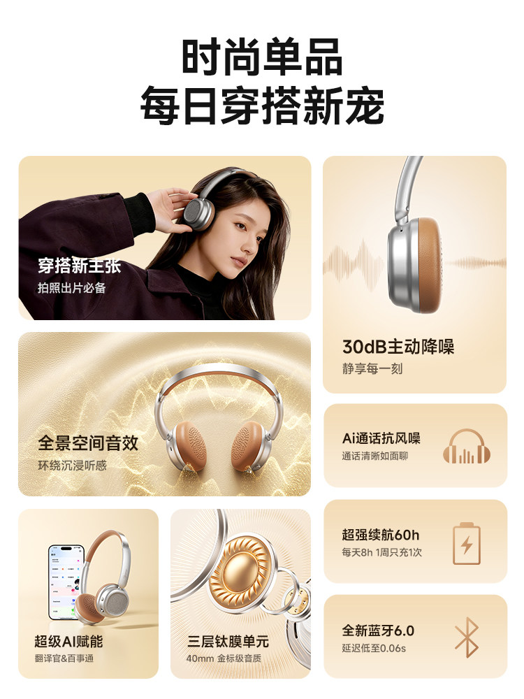 Yinbeiqi Art2Pro Retro Over-Ear Headphones Wireless Bluetooth Noise-Cancelling 2025 New Model Melard Style for Women
