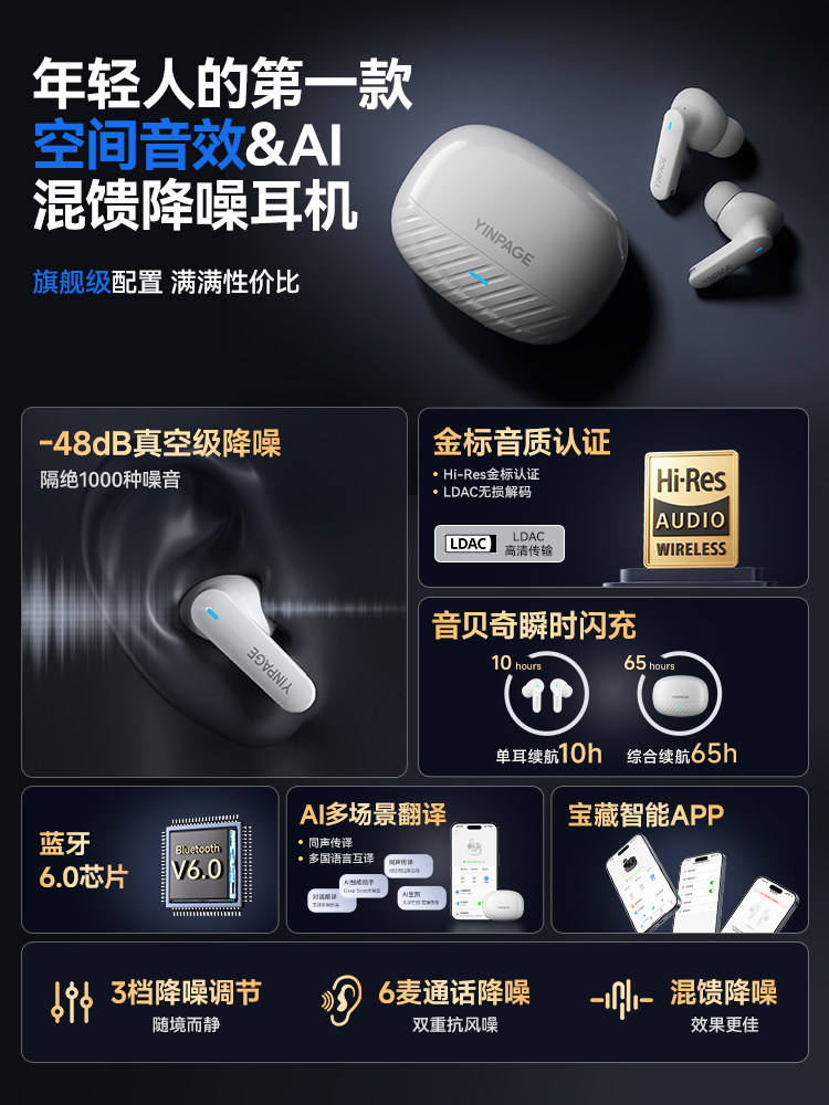 Yinbeiqi Real2Pro Bluetooth Headset Wireless Active Noise Reduction In-Ear Type 2026 New Model High Sound Quality Long Battery Life