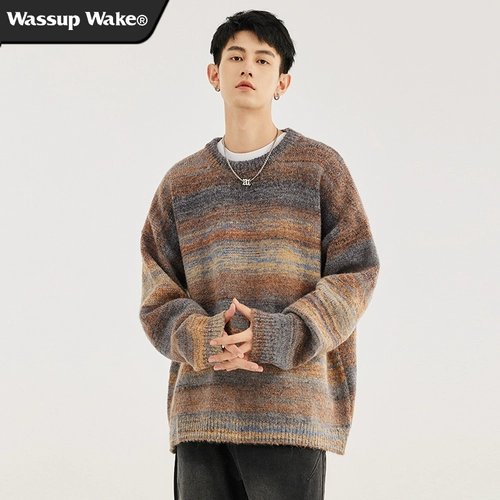 Ретро демисезонный трикотажный свитер, в американском стиле, градиент, оверсайз