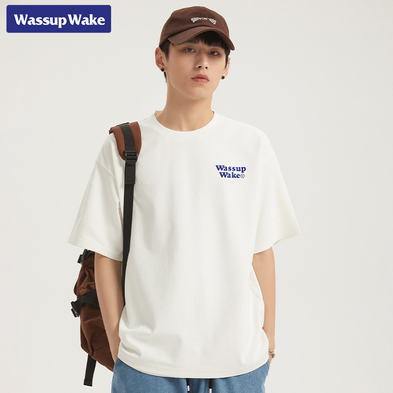 wassup wake short sleeve t-shirt mans boomers 100 hitch summer loose casual couple country tide print t-shirt