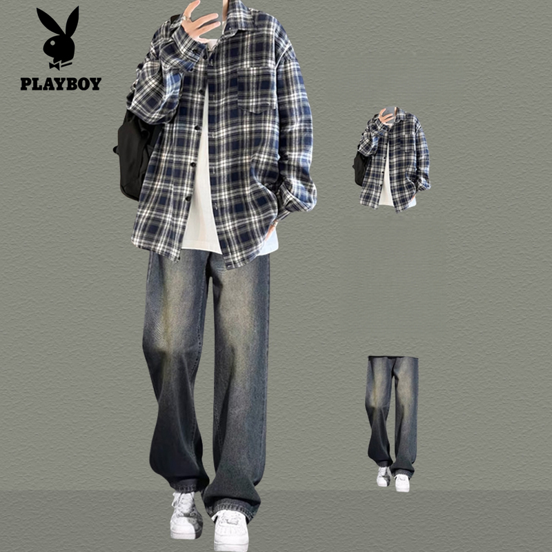 Playboy Thin Japanese-Style Plaid Long-Sleeve Shirt Men's Spring and Autumn Two-Piece Suit for Teenagers and Students, Cool and Stylish Outfit Playboy Thin Japanese-Style Plaid Long-Sleeve Shirt Men's Spring and Autumn Two-Piece Suit for Teenagers and Students, Cool and Stylish Outfit