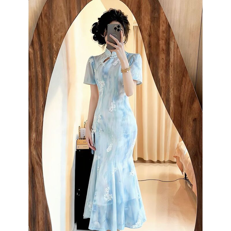 Blue Gradient Fishtail Cheongsam 2026 New Improved Daily Wear Petite New Chinese Style Dress for Women Summer Long Style