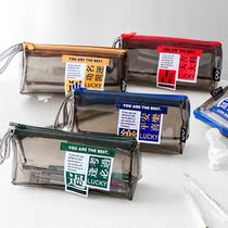 ins transparent double layer coincides with the pass of the pen bag personality label waterproof large capacity student with a handle stationery bag