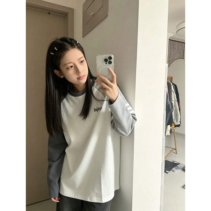 American Retro Stripesd Patchwork Raglan Long-Sleeved T-Shirt for Women in Spring & Fall, Loose Casual Contrasting Color Bottoming Shirt, Pure Cotton Top American Retro Stripesd Patchwork Raglan Long-Sleeved T-Shirt for Women in Spring & Fall, Loose Casual Contrasting Color Bottoming Shirt, Pure Cotton Top