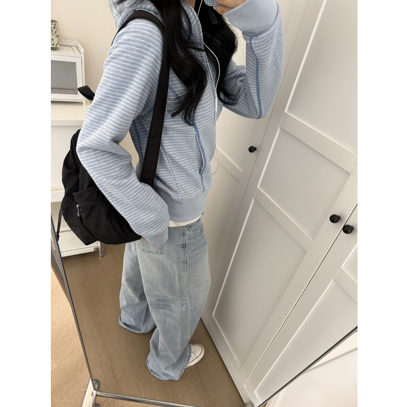 American-Style Hasselblad Striped Embroidered Letter Hoodie for Women, Spring and Autumn Thin Slim-Fit Cardigan Short Jacket