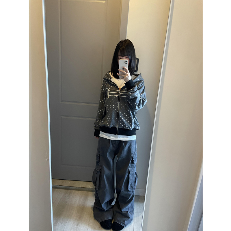 Korean-Style Girl's Musical Note Embroidered Polka Dot Hooded Sweatshirt for Women, Spring and Autumn, Cute Y2K Loose Zipper Cardigan Jacket