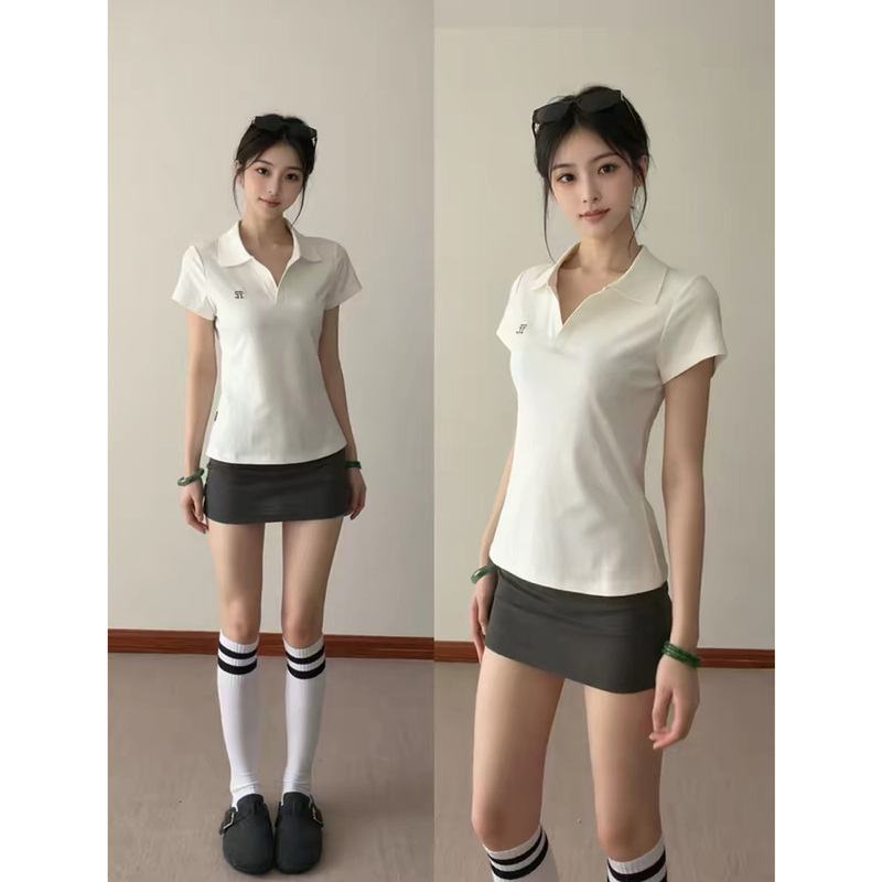 Korean Style Polo Shirt, Short-Sleeved T-Shirt for Women, Summer Design, Waist-Cinching, Slimming, Sexy, Sporty Style, Collared Top