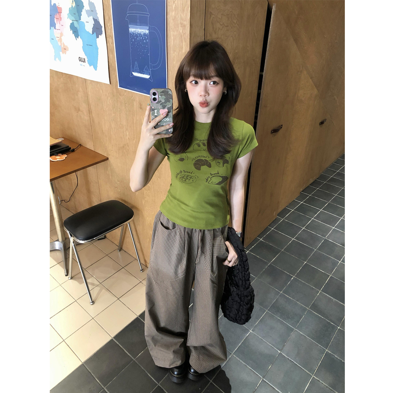 American Retro Style Bread Print Green Short-Sleeved T-Shirt for Women, Summer Slim Fit Round Neck Trendy Top American Retro Style Bread Print Green Short-Sleeved T-Shirt for Women, Summer Slim Fit Round Neck Trendy Top