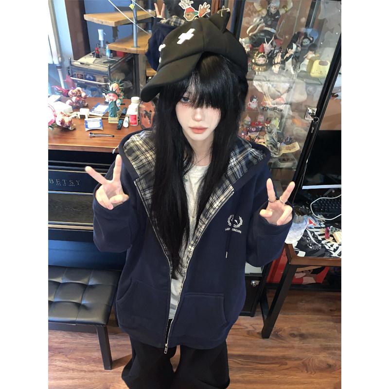 レディース プレッピースタイル チェック柄パッチワーク刺繍入りフード付きスウェットシャツ、秋冬用、フリース裏地付き、厚手、ゆったりオーバーサイズカーディガンコート