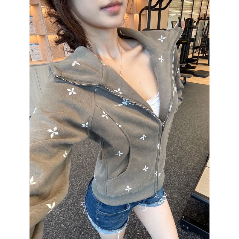 American-Style Spicy Girl Cross-Print Full-Print Hooded Sweatshirt for Women, Autumn Thin Slim-Fit Casual Sports Cardigan Jacket American-Style Spicy Girl Cross-Print Full-Print Hooded Sweatshirt for Women, Autumn Thin Slim-Fit Casual Sports Cardigan Jacket