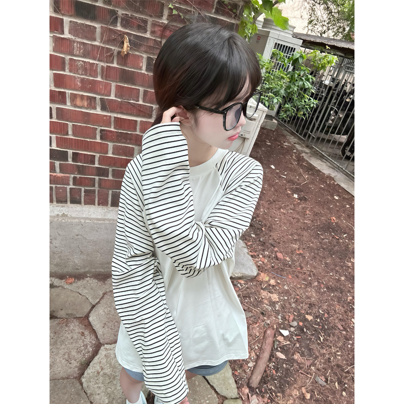 American Retro Letter Print Stripesd Raglan Long-Sleeved T-Shirt for Women, Early Autumn Wear, Loose Preppy Style Pure Cotton Top