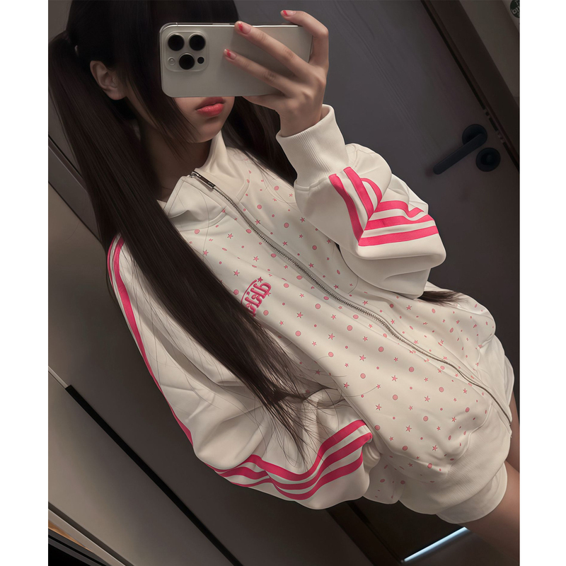 American Retro Star-Pattern Stand-Collar Zip-Up Sweatshirt for Women, Suitable for Early Spring and Autumn, Loose-Fitting Sports-Style Jacket for High School Students