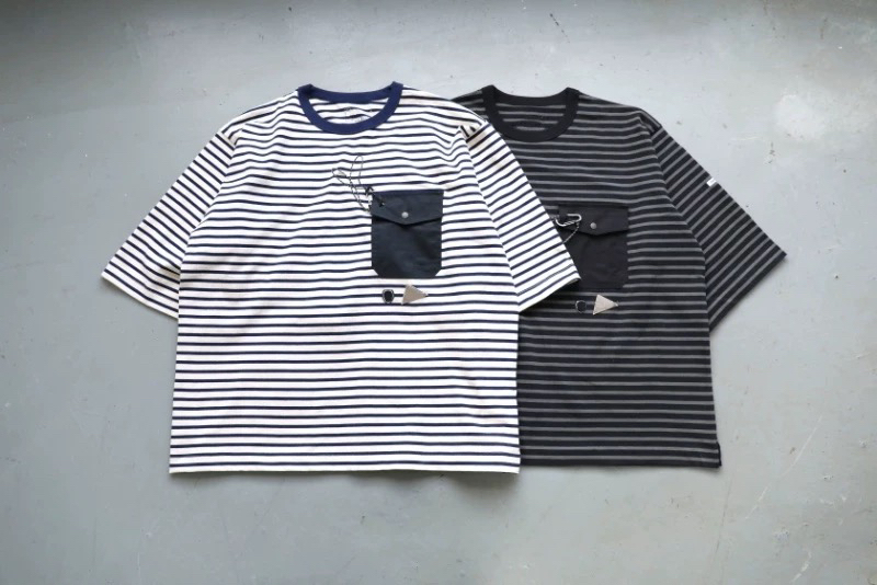 【Nzzyb】An De Wang Co-Branded Orcival Heavyweight Pure Cotton Striped Embroidered Pocket Short-Sleeve T-Shirt for Men 26Ss