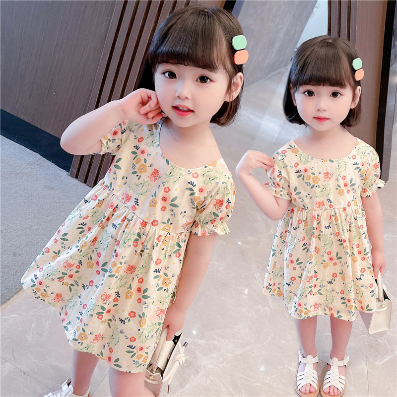Girl Summer Short Sleeve Broken Flower Dress Han Gas Little Girl Pure Cotton Print Dress Baby Children's Princess