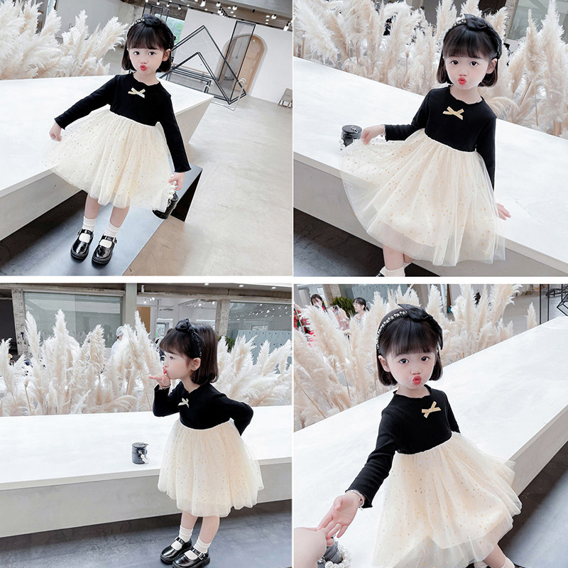 Girls autumn fluffy yarn princess dress foreign style super fairy yarn skirt female baby small and medium children Korean version long-sleeved dress