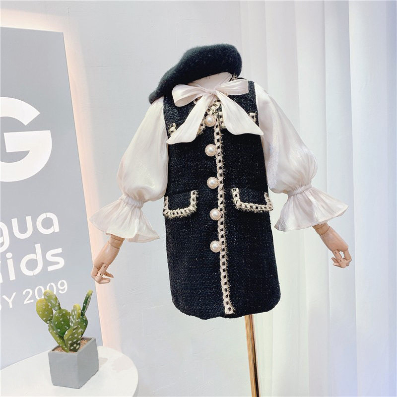 Girls spring and autumn long-sleeved small fragrant wind dress foreign style little girl 2023 new baby children's wool skirt warm
