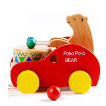 Childrens bear playing drum tractor toddler wooden hand-pulled toy car for children 1 year old