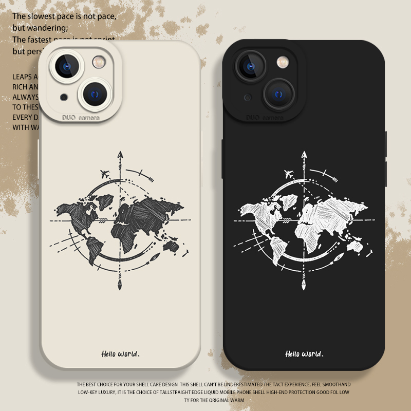 Hand-Drawn World Map Phone Case Suitable for Apple 15 Couple Set 16 Graffiti 13/12Mini Simple 11 New Model X Personalized 8Plus Lines 17 Men and Women XS Silicone 7