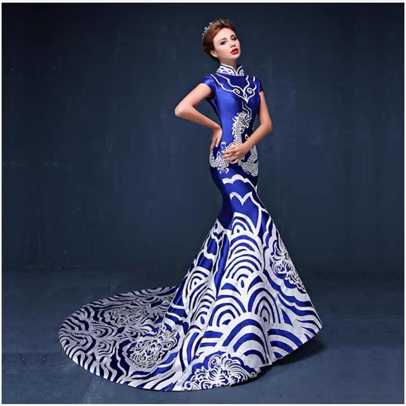 Chinese Style Blue and White Porcelain Series Dress for Business Events, Car Shows, Catwalks, Cheongsam, Evening Parties, Annual Meetings, Stage, T-Stage Performance Costumes Chinese Style Blue and White Porcelain Series Dress for Business Events, Car Shows, Catwalks, Cheongsam, Evening Parties, Annual Meetings, Stage, T-Stage Performance Costumes