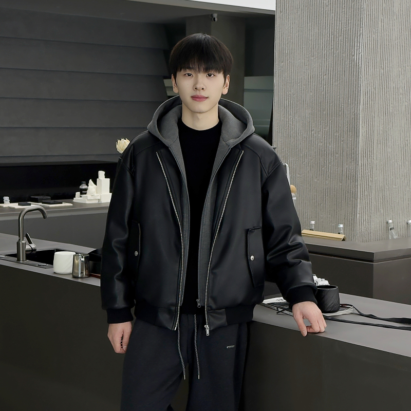 Men's Casual Faux Two-Piece Leather Jacket down Coat Layered with 90% White Duck down Hooded Waterproof Wear-Resistant Warm Pu Jacket