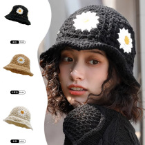 Spring and autumn Japanese style flower hand-knitted hat for women niche hollow woolen versatile basin hat showing face and trendy