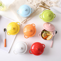 Steamed egg bowl ceramic baking bowl with lid Household childrens special dessert steamed egg custard baby double ear soup bowl stew cup