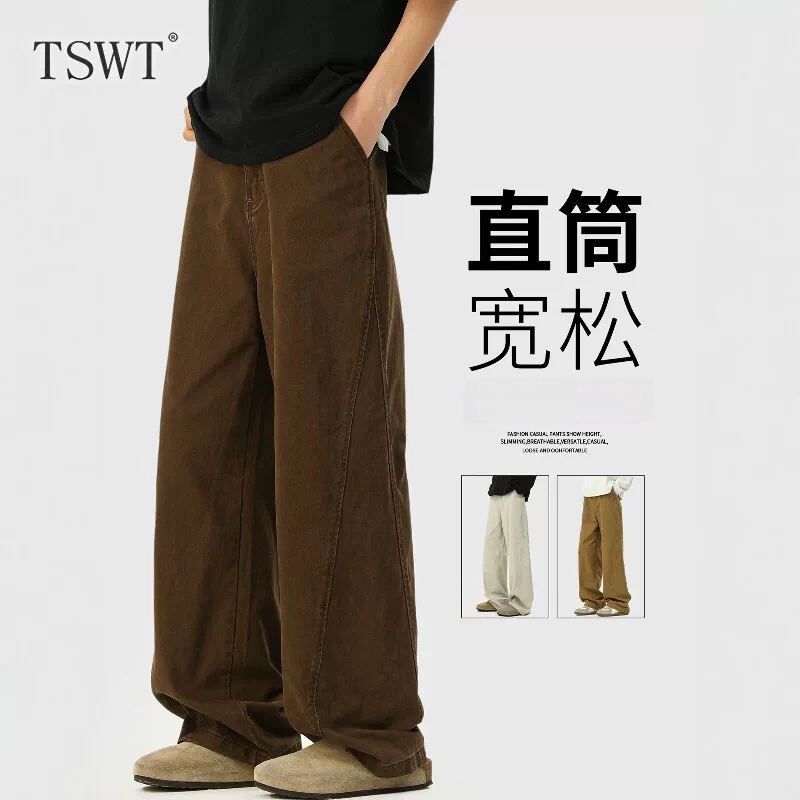 High-End Melard Pure Cotton Workwear Pants for Men, New Spring and Autumn American-Style Loose Wide-Leg Casual Jeans