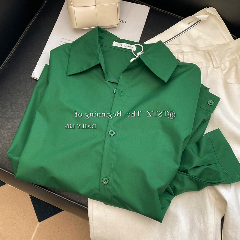 Brand Discount European Women's Clothing Retro Green Shirt Women's Spring and Autumn Loose Lazy Bf Style Layered Long-Sleeved Top