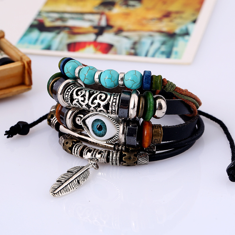 Beaded Multi-Layer Blue Eye Leather Bracelet for Men and Women, Ethnic Style Feather Pendant, Personalized Jewelry, Student Bracelet