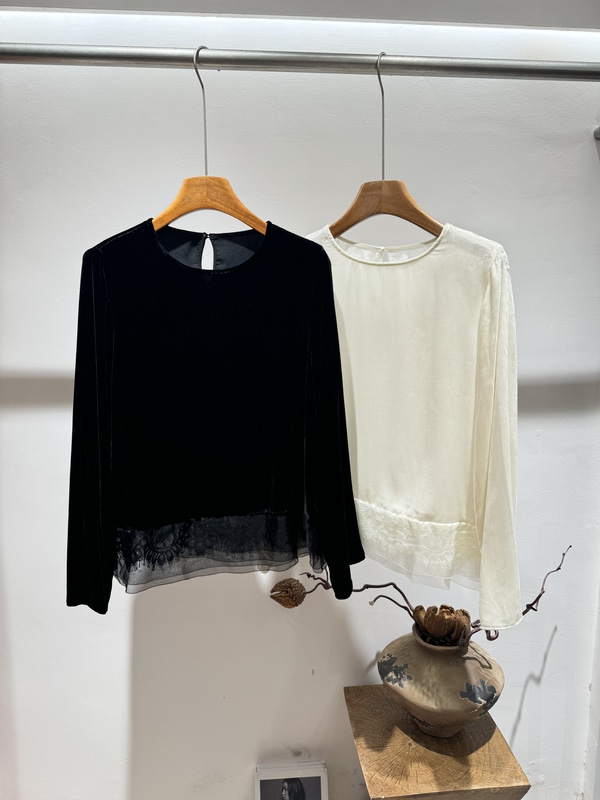 Highly Recommended! Elegant Silk Mulberry Silk Lace Patchwork Round-Neck Blouse for Women, Versatile and Slimming Top