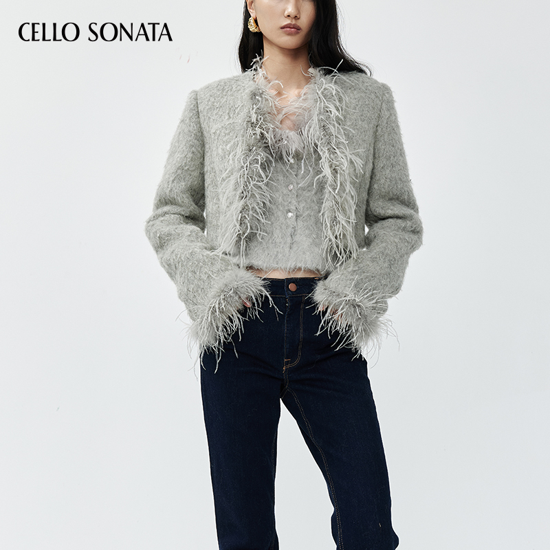 Cello Sonata Autumn and Winter Small Fragrance Style Warm Ostrich Feather Decorated Short Long-Haired Wool Blazer
