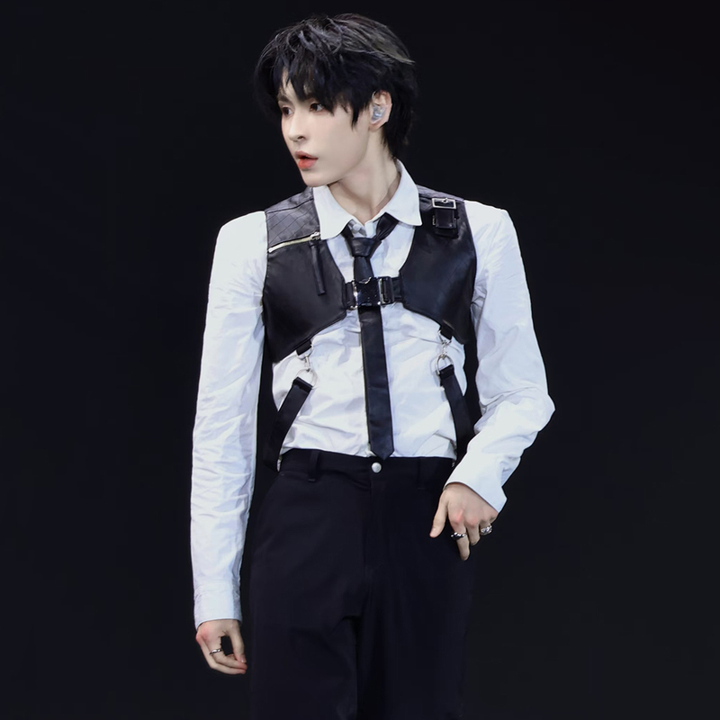 Trainee-Style Leather Jacket Hanb Li Hanfei Male Group Performance Outfit Zipper Black Design Vest