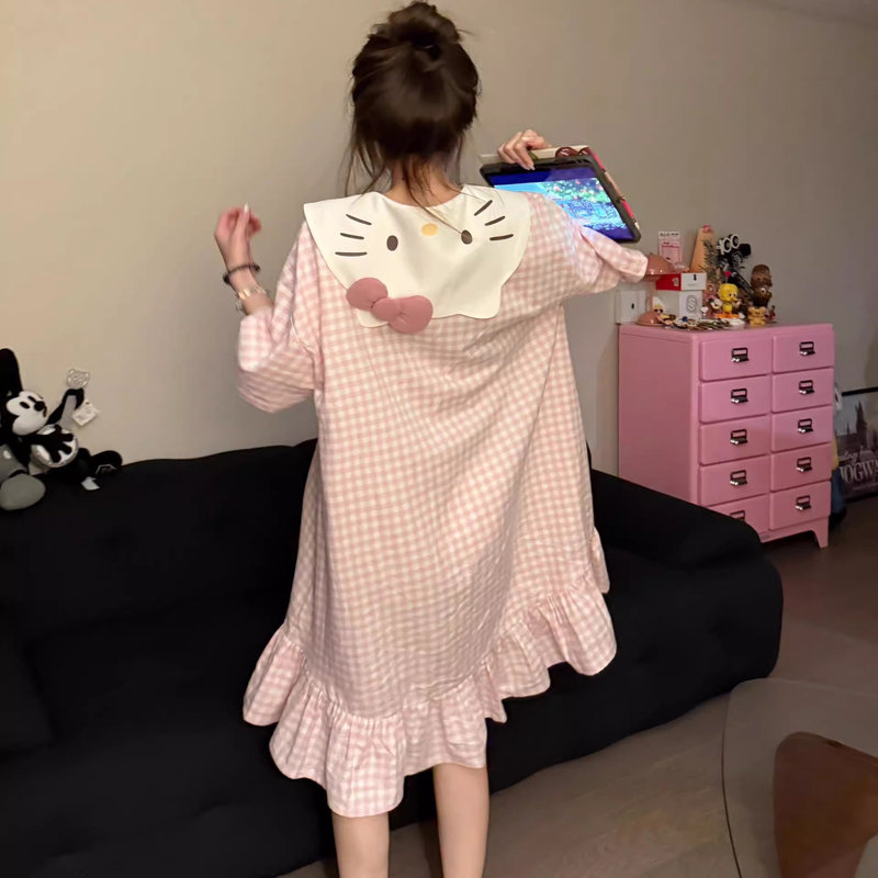 Hellokitty Plaid Nightgown for Women Summer Short-Sleeved Cute Sanrio Hello Kitty Large Size 2025 New Pajamas Hellokitty Plaid Nightgown for Women Summer Short-Sleeved Cute Sanrio Hello Kitty Large Size 2025 New Pajamas