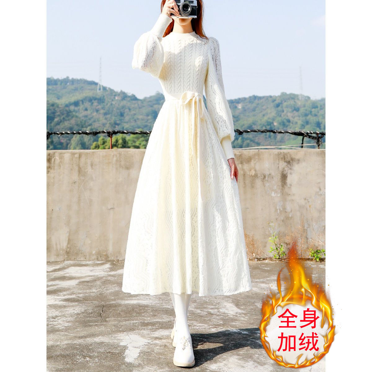 sandro star plus velvet white sexy inner knitted lace sweet beauty wool plus size cute dress