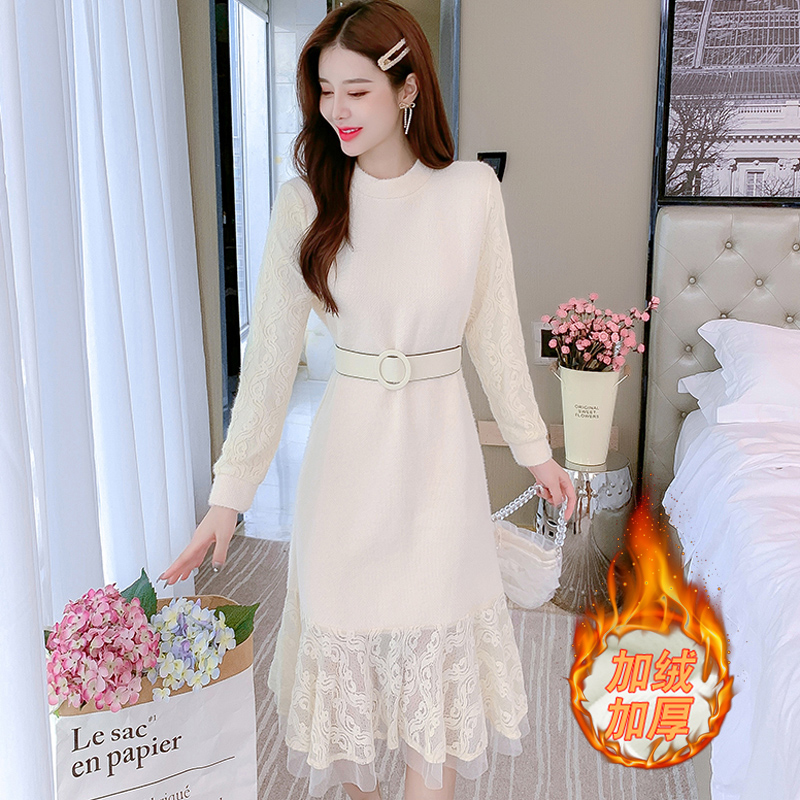 Beating Bottom Knit one-piece dress Dress Spring Fashion Slim Loose Reduction Age Plus Suede Long Sleeves Inner Hitch Round Neckline Mesh Veil Fake two sets 