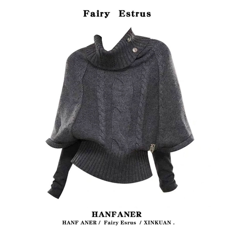 Korean Retro Gray Twist-Knit Cape for Women, Autumn and Winter Design, Loose Fit, Slimming, Versatile Sweater Coat Top Korean Retro Gray Twist-Knit Cape for Women, Autumn and Winter Design, Loose Fit, Slimming, Versatile Sweater Coat Top