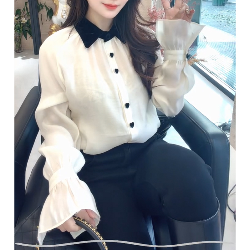 French-Style Light Luxury High-End Heart-Shaped Button Lapel Flared Sleeve Shirt, Fashionable and Youthful, Slimming Shirt Top