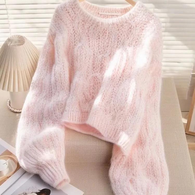Lazy and Sophisticated, Soft and Fluffy Pink Pullover Sweater for Women, Korean Style for Early Spring, Furry Knitted Top