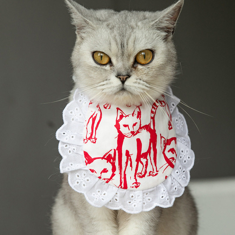 Cat Saliva scarf scarf Korean-style Lattice Apron Around neck Muzzle Pet Pooch Triangle Towel Necklace Blue and White Ins Short 