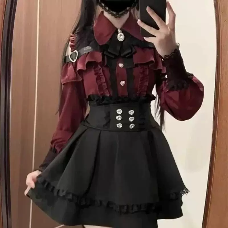 Костюм gothic lolita для женщин, Harajuku Y2K с бантом и кружевом, короткая юбка