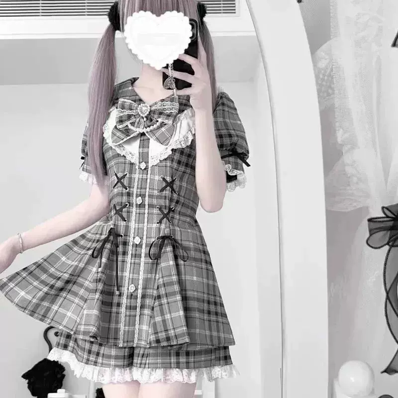 Костюм gothic lolita для женщин, Harajuku Y2K с бантом и кружевом, короткая юбка